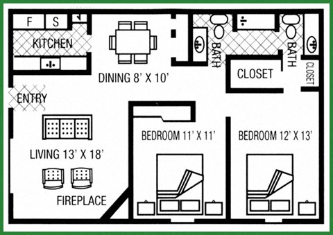 Floor plan for 2 beds, 1.5 baths, 936 sqft